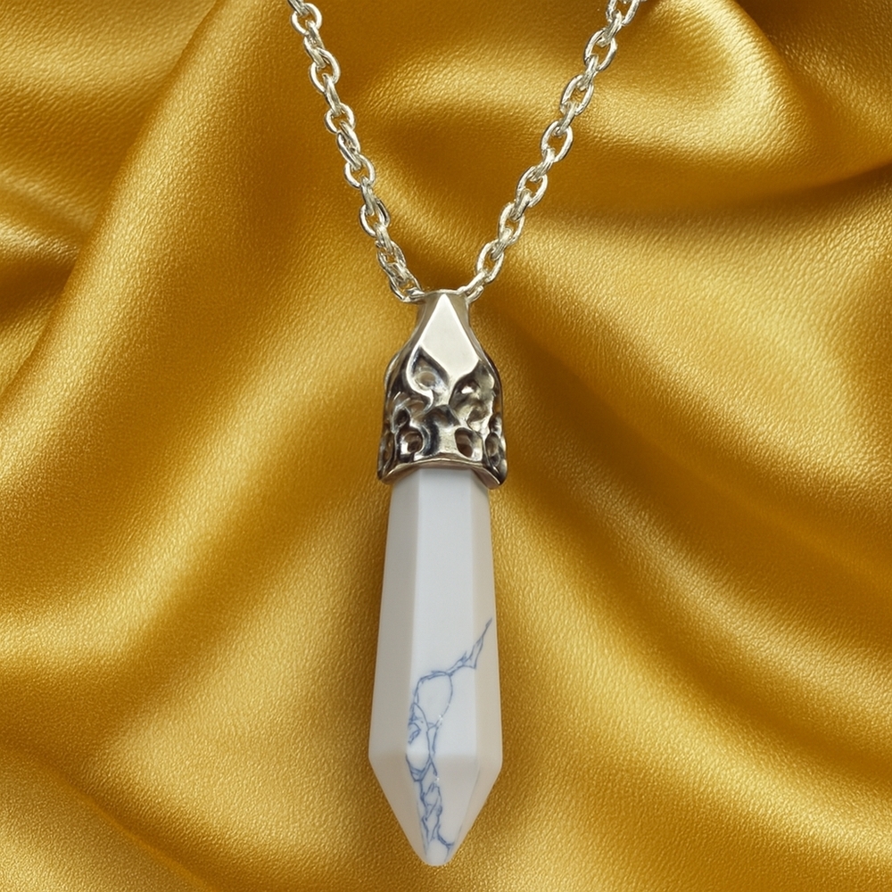 White Howlite Pendant Necklace – Ornate Silver Cap, Boho Stone Fashion Jewelry